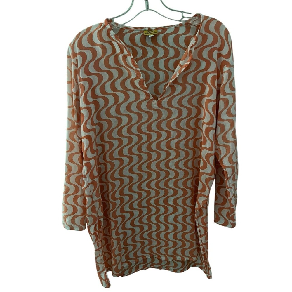 Roberta Roller Rabbit Cotton Tunic Cover Up Orange Wavy Print Beach Boho Resort